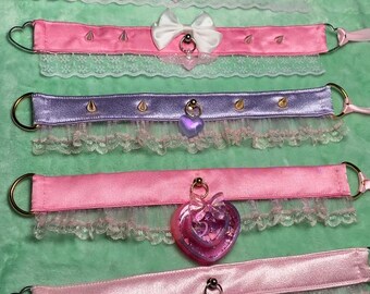 Obroża z klamrą, wstążka, krawat, choker, Petplay, Therian, futrzany, Pet Play, Goth, Kawaii, kolczaste serce, walentynkowy, BDSM, punk, koronka, żywica, urok, mokry, shaker, suchy