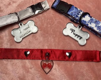 Obroża z klamrą, wstążka, krawat, choker, Petplay, Therian, futrzany, Pet Play, Goth, Kawaii, serce, walentynkowy, BDSM, żywica, zawieszka, porcelana, chrom, srebrny, szczeniak
