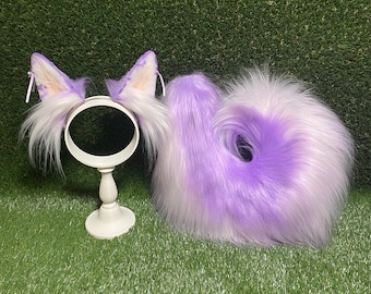 Wełniany zestaw uszu i ogona dla długowłosego husky'ego, lawendowa biała kokarda, kość do łapy, Kawaii, zabawa dla zwierząt, futrzana opaska na głowę Therian, kostium cosplay