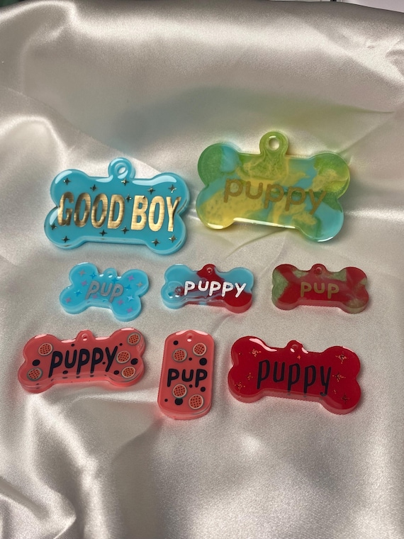 Resin Nametag Charm Keychain Name Tag Therian Dog Pup Puppy Cat Bone Handmade Petplay Pet Play Furry Collar Star Blue Green Red Watermelon