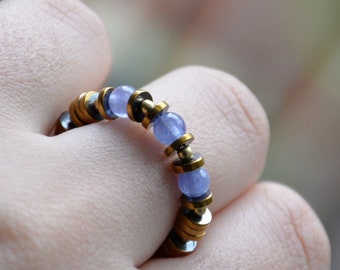 Steampunk ring Arcane inspired hex gem tanzanite hematite gold plated silver