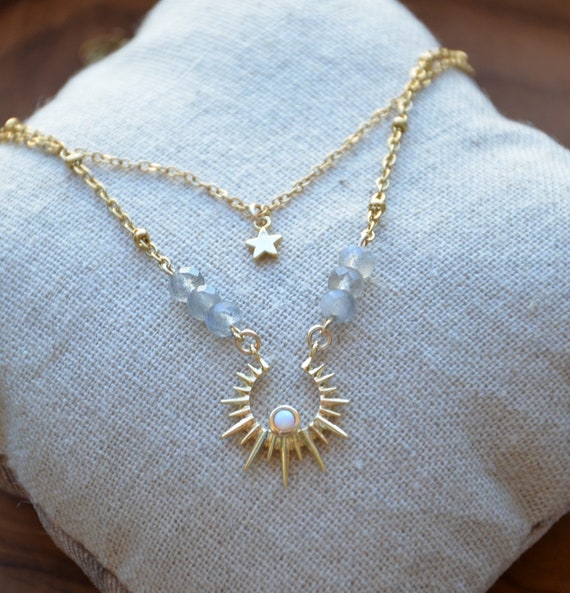 Qifrey inspired layered necklace witch hat workshop opal labradorite stainless steel brass