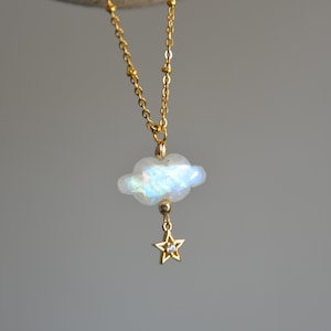 Dainty carved rainbow moonstone cloud necklace with a tiny star