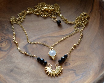 Qifrey inspired Dark academia gothic layered necklace witch hat workshop moonstone tourmaline onyx stainless steel brass