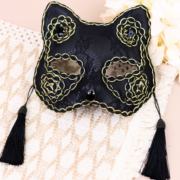 Masquerade Mask, Venetian Mask, Adult Dance Lace Mask, Black Lace Mask, Black Cat Ear Mask, Cat Mask