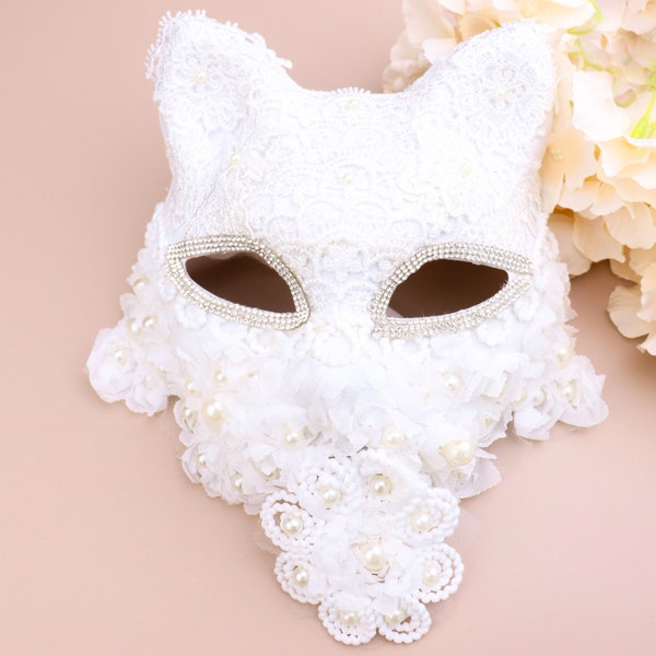 Masquerade Mask, Venetian Mask, Adult Dance Lace Mask, White Lace Mask, White Cat Ear Mask, Cat Mask