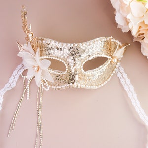 Masquerade mask, Venetian metal mask mask, adult dance gauze flower lace mask, gold pearl mask, pearl mask