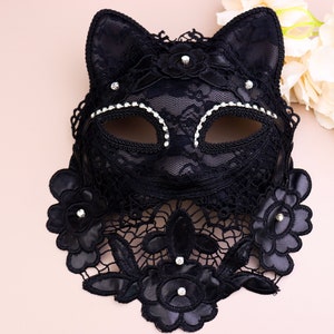 Masquerade Mask, Venetian Mask, Adult Dance Lace Mask, Black Lace Mask, Black Cat Ear Mask, Cat Mask, Fox Mask