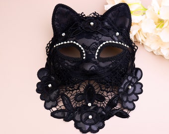 Masquerade Mask, Venetian Mask, Adult Dance Lace Mask, Black Lace Mask, Black Cat Ear Mask, Cat Mask