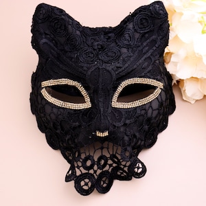 Masquerade Mask, Venetian Mask, Adult Dance Lace Mask, Black Lace Mask, Black Cat Ear Mask, Cat Mask, Fox Mask