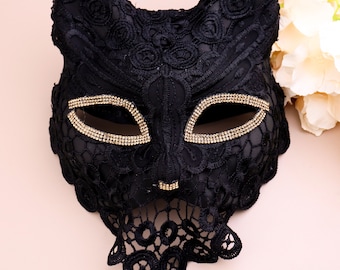 Máscara de mascarada, máscara veneciana, máscara de encaje de danza para adultos, máscara de encaje negro, máscara de oreja de gato negro, máscara de gato, máscara de zorro