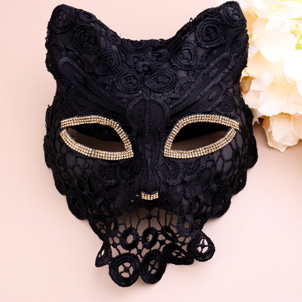 Maskenmaske, venezianische Maske, Spitzenmaske für Erwachsene, schwarze Spitzenmaske, schwarze Katzenohrenmaske, Katzenmaske, Fuchsmaske