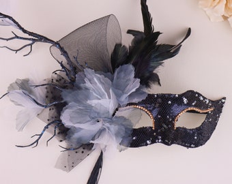 Masquerade Mask, Venetian Metal Mask, Adult Dance Yarn Flower Lace Mask, Black Lace Mask, Feather Mask, Rhinestone Mask