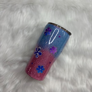 RTS glitter tumbler- ombré pink and blue glitter with tie dye flowers