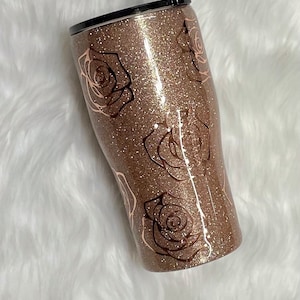 Rose Gold glitter with metallic Roses tumbler