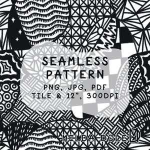 May include: A black and white digital graphic featuring a complex hand-drawn doodle pattern with geometric shapes, waves, and circles. Text overlay reads: SEAMLESS PATTERN, PNG, JPG, PDF, TILE & 12", 300DPI, MELDA DOLE. The design is high contrast and intricate.