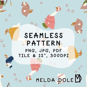 May include: A seamless pattern featuring illustrated geese wearing various outfits on a light blue background with bird footprints. Text reads: SEAMLESS PATTERN PNG, JPG, PDF TILE & 12", 300DPI and MELDA DOLE with a logo.