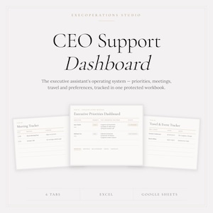 Op de afbeelding: Een digitaal CEO Support Dashboard werkboek van Execoperations Studio met drie tabbladen: Meeting Tracker, Executive Priorities Dashboard en Travel & Event Tracker. Deze organisatietool bevat 6 tabbladen compatibel met Excel en Google Sheets.