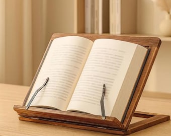 Adjustable Wooden Book Stand and Cookbook Holder – Foldable Recipe Stand with 8 Viewing Angles for Kitchen, Study, or Office Use,Reading Aid