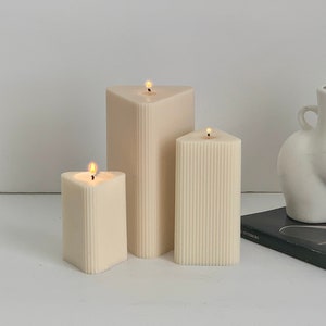 Prism Shaped Pillar Candle, Triangle Ribbed Candle, Soy Candle Aesthetic Candle, Striped Candle, Wedding, Home Decor Candle, Housewarming