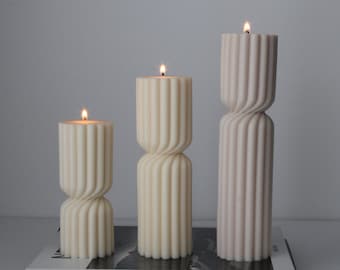 Shaped Candle, Ribbed Candle, Soy Pillar Candle, Taper Candle, Striped Candle, Wedding, Candlesticks, Home Decor Candle, Housewarming