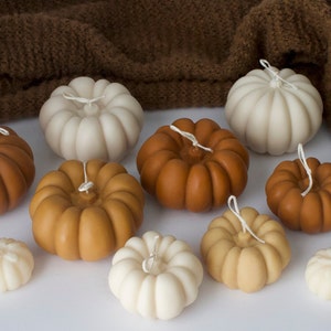 Puede incluir: Una colecci&oacute;n de nueve peque&ntilde;as velas con forma de calabaza en varios tonos de marr&oacute;n, beige y blanco. Las velas est&aacute;n dispuestas sobre una superficie blanca y est&aacute;n rodeadas por una manta de punto marr&oacute;n.