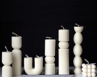 Pillar Candle Set 7pc, Modern Soy Wax Decorative Candle, Minimal Neutral Living Room Decor, Ribbed Pillar Candle, Table Candle Decor Gifts