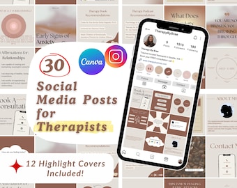 Puede incluir: Un collage de publicaciones en redes sociales para terapeutas, que presenta una pantalla de teléfono que muestra un perfil de Instagram para TherapyByBree, una terapeuta centrada en el trauma en Seattle, WA. El collage incluye imágenes con texto como "Signos tempranos de ansiedad", "3 Afirmaciones para las relaciones", "Reservar una consulta", "Qué hace la ansiedad", "No estás roto, estás rompiendo", "Autocuidado", "Acerca de mí", "Contáctame", y "Consejos para manejar los ataques de pánico". El collage también incluye imágenes de una estrella roja, un libro, una taza de café y una silueta de una persona.