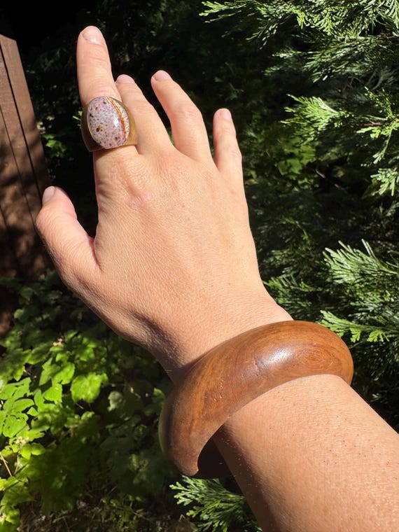 Wood & Shell Ring and Bangle Set - Size 8 Ring - image 1