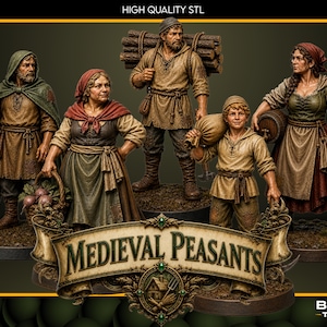 Può includere: Un set di cinque miniature raffiguranti contadini medievali con abiti dai toniiti dai toni della terra, tra cui una persona con una pecora, una con un cesto di verdure, una che trasporta legna, un bambino con un sacco e una con un barile.