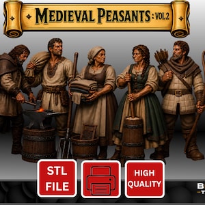 May include: A set of five miniature figurines depicting medieval peasants, including a blacksmith at an anvil, a person carrying a sack, a person holding folded cloth, a person using a butter churn, and an archer. Text reads: MEDIEVAL PEASANTS: VOL 2.
