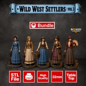 Può includere: Un set di cinque miniature in scala 32mm intitolate Wild West Settlers: Vol 3. Ogni figura indossa abiti storici con gonne lunghe, giacche e cappelli, completati da accessori come cesti, ombrelli e ventagli su basi circolari.