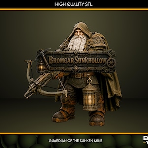 Bromgar Sunkhollow Dwarf Miniature, Desert Mine Guardian, Crossbow STL (32mm)