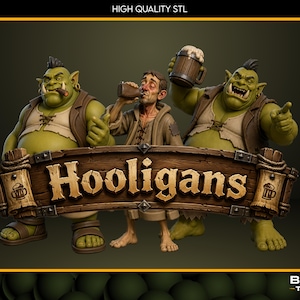 May include: Two green-skinned orcs and a human figure standing behind a wooden sign with the text Hooligans. The orcs wear brown vests and sandals, one holds a cigar and the other a beer mug. The human wears a brown tunic and drinks from a mug.
