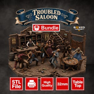 Könnte beinhalten: Ein 32mm Miniatur-Diorama mit dem Titel Troubled Saloon, das eine hölzerne Bar, eine Totenkopf-Dekoration und mehrere Figuren in Western-Kleidung bei einer Schlägerei zeigt. Die Szene umfasst einen runden Tisch, Stühle, ein Fass und verstreute Trümmer.
