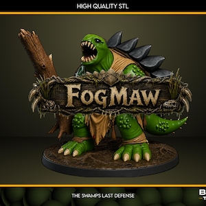 May include: A green reptilian creature figurine with a dark grey spiked shell, standing on a circular base. The creature holds a wooden staff and wears tan fabric wraps. A wooden sign in front displays the text FOGMAW in bold, light-colored letters.