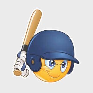 May include: A yellow smiley face wearing a blue baseball cap and holding a wooden baseball bat. The smiley face has a mischievous expression.