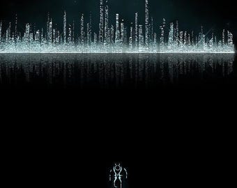 May include: A digital art print of a city skyline reflected in a dark body of water. A glowing figure stands in the foreground.