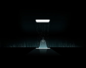 May include: A white silhouette of a person sitting in a dark room with a white light above them. The light is casting a shadow of the person on the floor.