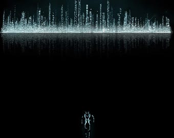 May include: A digital rendering of a futuristic city skyline with a glowing figure standing in the foreground. The city is reflected in a body of water.