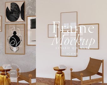 May include: A styled mockup of three empty picture frames with a gold finish, hanging on a white wall. The frames are arranged in a staggered pattern. A brown leather chair with wooden legs sits in front of the frames. A gold side table with a stack of books sits next to the chair. The text "Frame Mockup" is written in white on the wall.