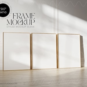 three frame mockup  5x7 ratio, sunny minimalistic interior mockup, design gallery frame mockup, frame template, changeable wall color