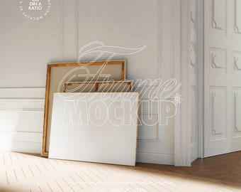 May include: A mockup scene featuring two blank canvases leaning against a white wall with decorative molding. The canvases have wooden frames. The floor is made of light-colored wood planks. The text "Frame MOCKUP" is overlaid on the image.