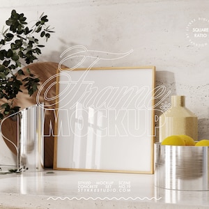 square frame mockup 1:1 light wood in scandinavian interior eucalyptus kitchen food scenario on beige concrete for poster print presentation