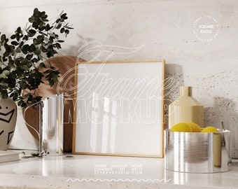 square frame mockup 1:1 light wood in scandinavian interior eucalyptus kitchen food scenario on beige concrete for poster print presentation