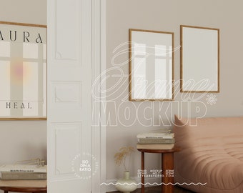 two frame mockup in romantic pastel interior, DIN A frame wall art mockup for artwork, digital frame mockup for prints, poster shop mockup