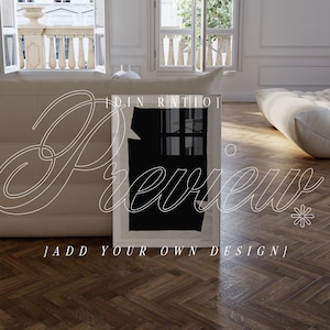 Digital frame mockup DIN A size with black abstract poster inside on wooden floor in modern interior surrounding of french vintage villa and togo designer sofa in beige.