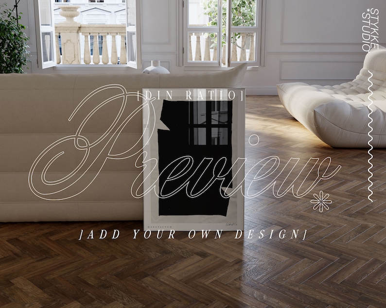 Digital frame mockup DIN A size with black abstract poster inside on wooden floor in modern interior surrounding of french vintage villa and togo designer sofa in beige.