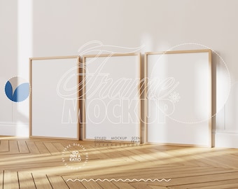 three frame mockup DIN A 4, wooden frame mockup trio, wallpaper mockup frame vertical digital frame for print, digital frame on wooden floor