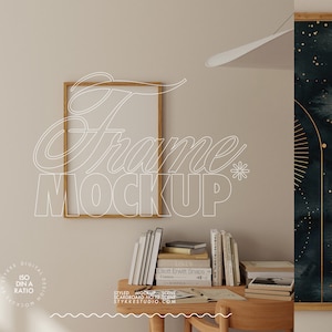 wooden vertical frame mockup for art poster designs, book lover frame mockup, realistic interior print poster mockup, frame mockup sunlight